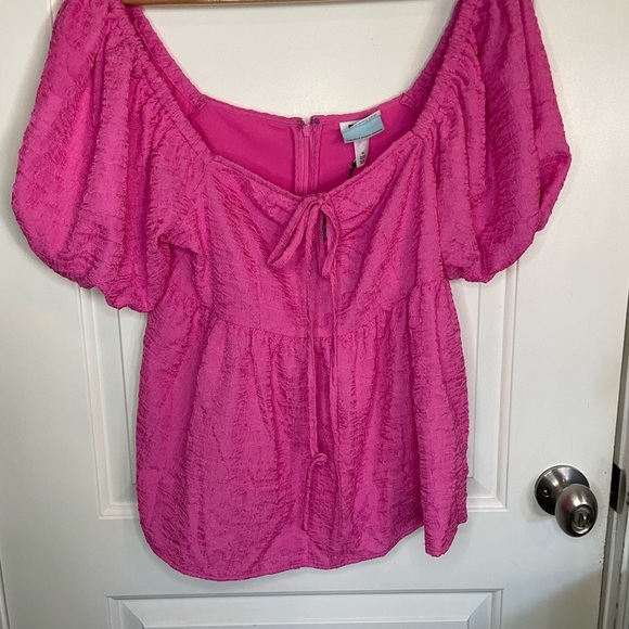 Target Future Collective Pink Square Tie Neck Puffed Short Sleeve Top Blouse - Picture 7 of 9